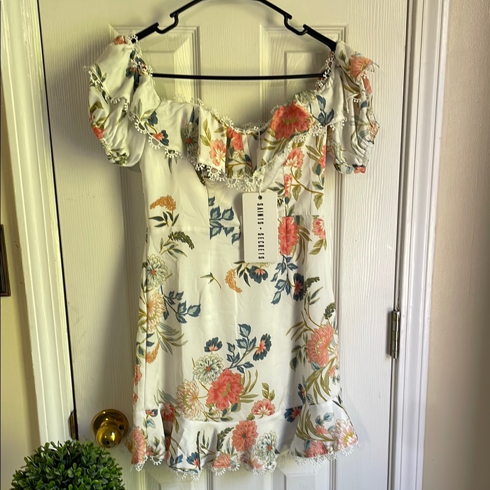 White and Pink Off-Shoulder Coquette Boho Puff Sleeve Floral Sundress